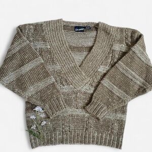SOLDVintage 80s 90s chunky neutral brown white striped v neck sweaterSOLD